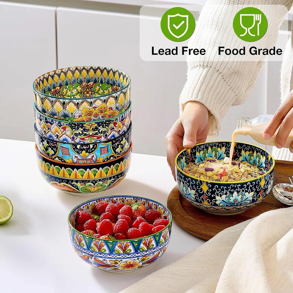 Ceramic Cereal Bowls Set of 6, 28 Oz Bohemian Soup Bowl, Colorful Bowls Set for