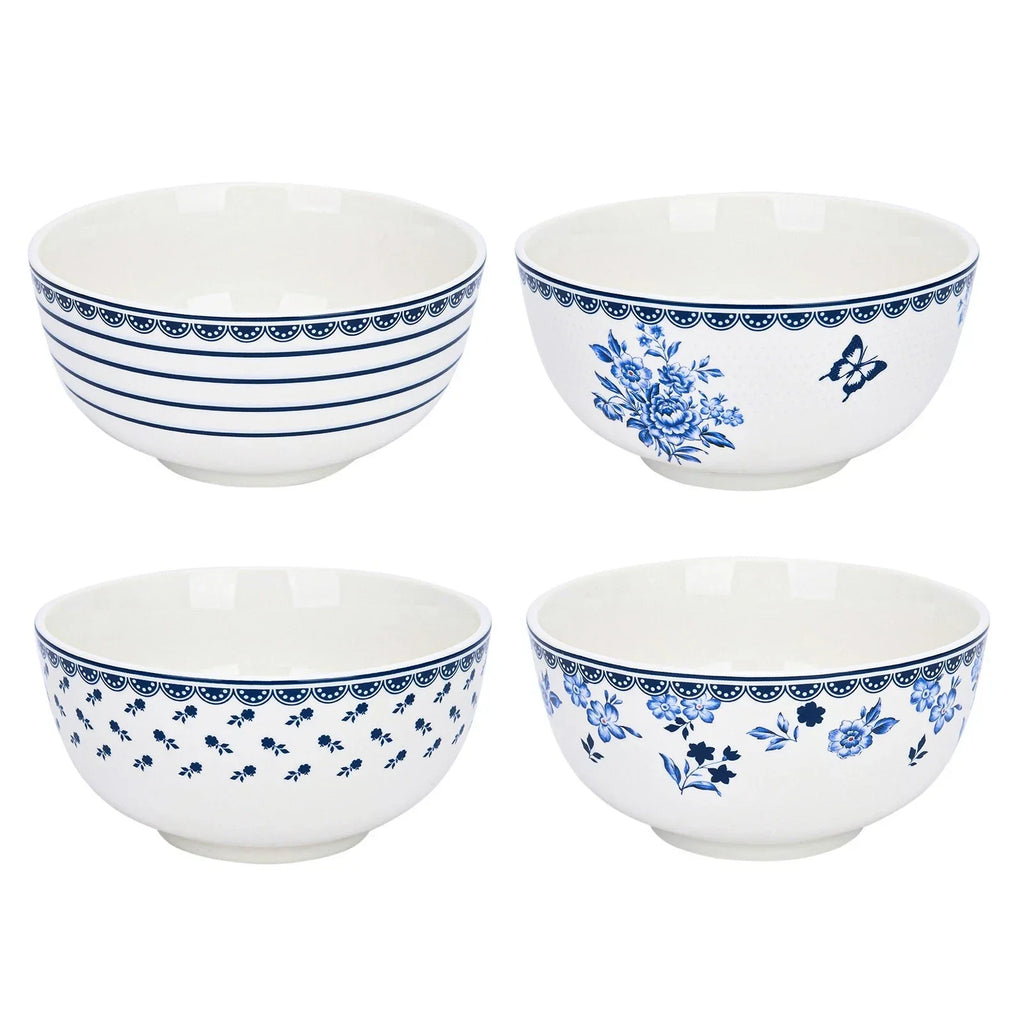SET OF 4 Blue on White Porcelain Cereal Bowl Floral Mismatch Piala Set
