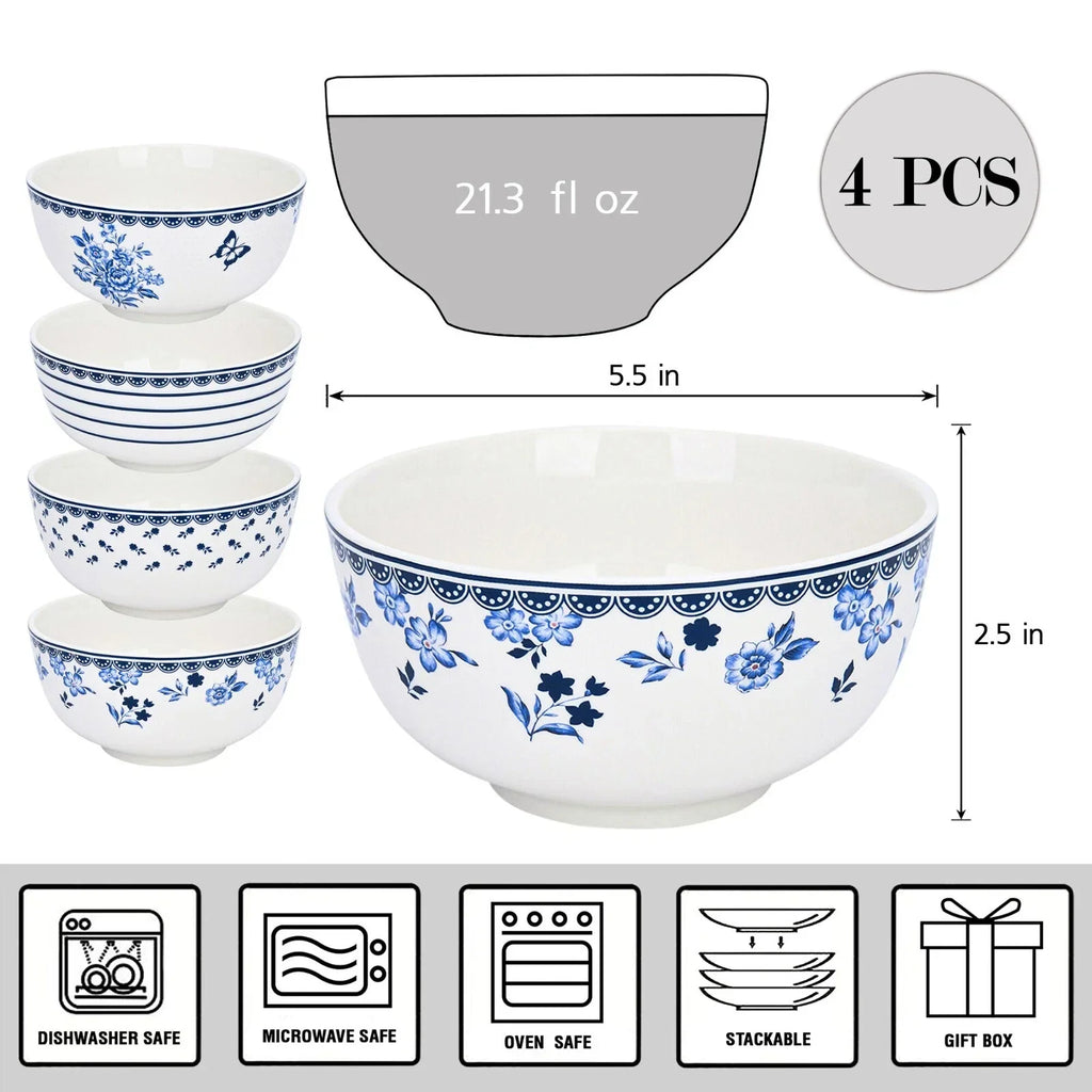 SET OF 4 Blue on White Porcelain Cereal Bowl Floral Mismatch Piala Set